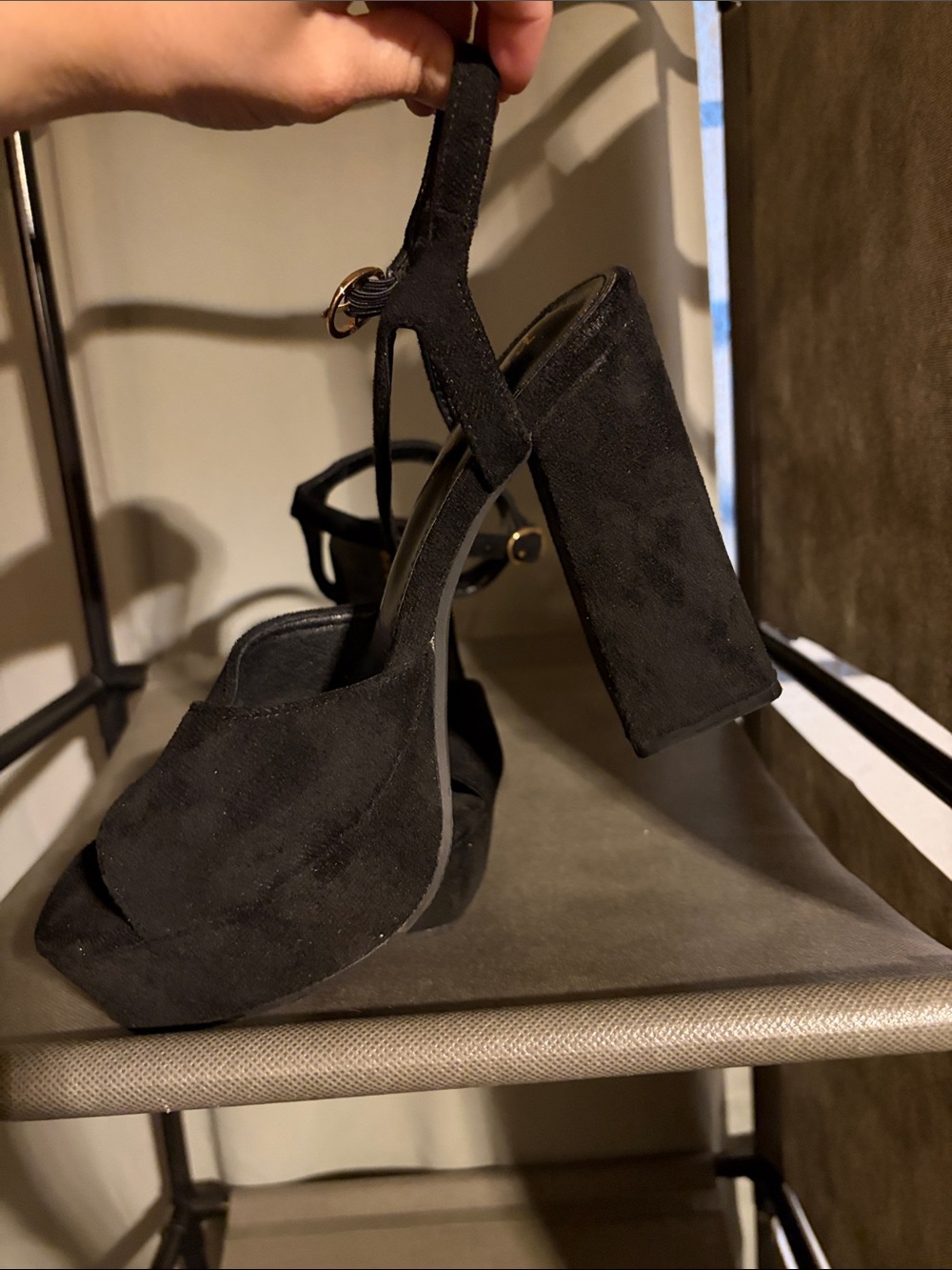 Suede Black Platform Block Heel Sandals with Ankle Strap - Picture 8 of 11